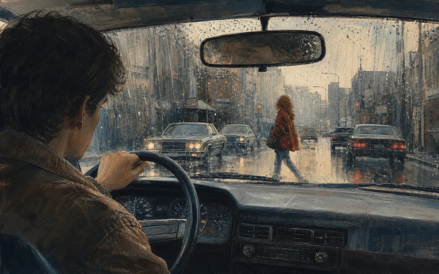 雨中的城市道路上，开车的年轻男子隔着挡风玻璃看见一名红发女孩