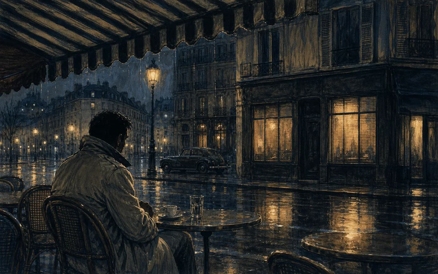 雨夜巴黎的咖啡馆露台上，一名男子独自等待雨停